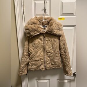 Women’s Bebe Rabbit Fur Collar Beige Jacket